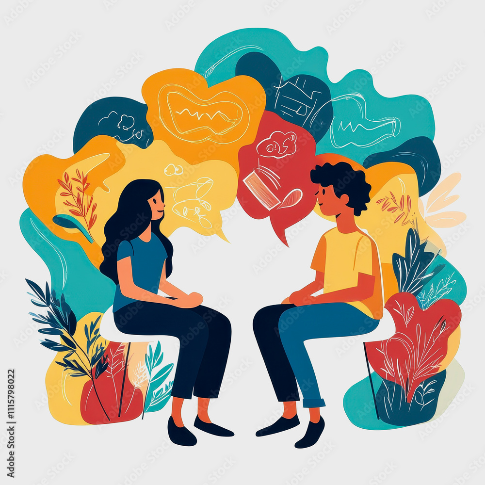 Poster two individuals engaged in a thoughtful conversation, surrounded by colorful abstract elements and s