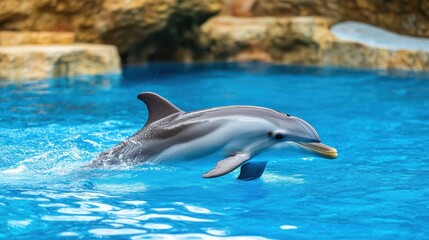 Obraz premium A dolphin leaps gracefully above the surface of a vibrant blue pool.