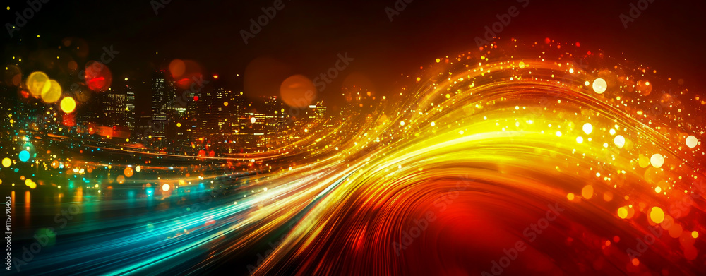 Poster abstract background with a colorful, glowing digital wave and city lights, a data visualization conc