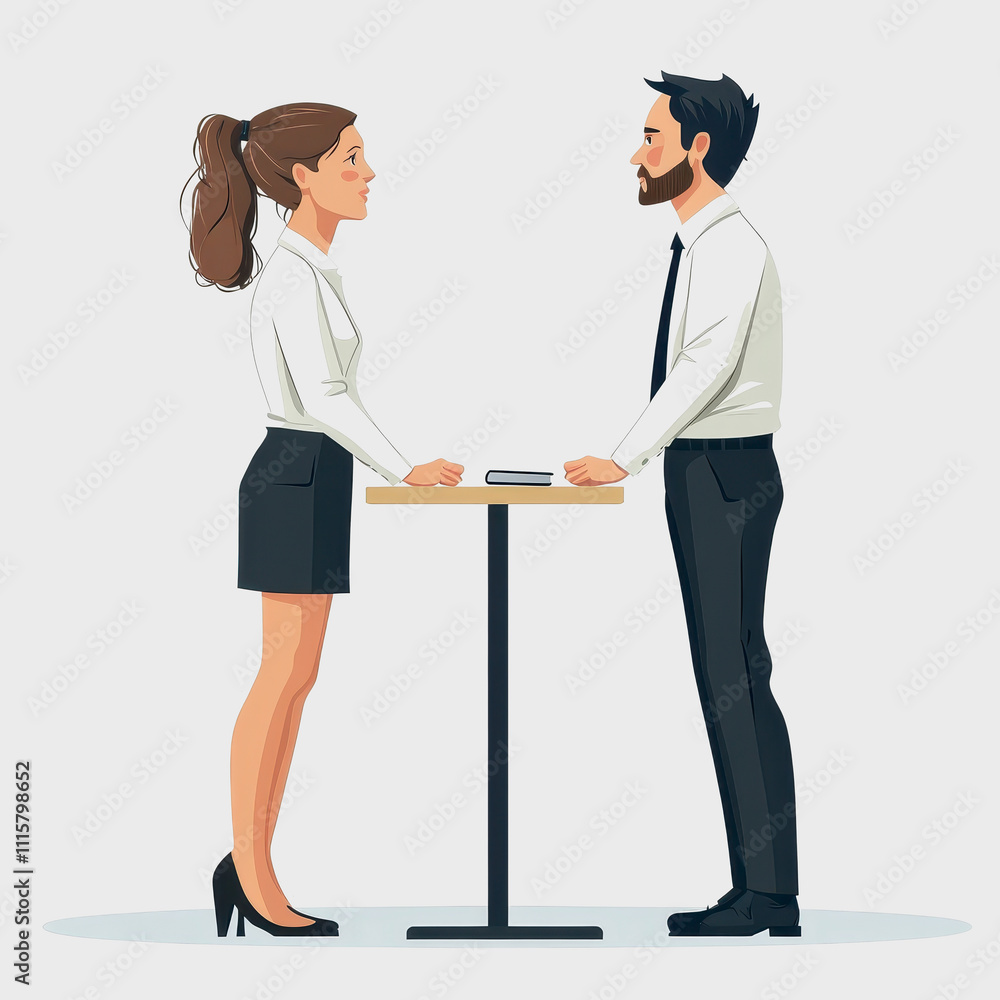 Poster professional business discussion between two colleagues with focus on teamwork and communication in 