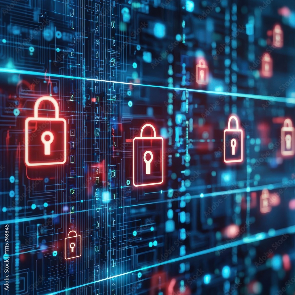 Poster abstract digital background featuring security locks and data streams representing cybersecurity, te