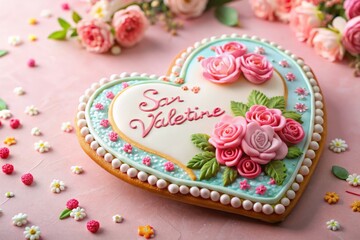 Delightful San Valentine Cookie Decorated with Colorful Flowers and Icing, Perfect for Celebrating Love, Romance, and Sweet Moments with Friends and Family