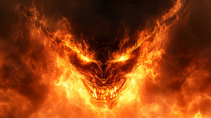 Fototapeta premium Fiery Demon Face Emerging from Flames in a Dramatic Conceptual Design