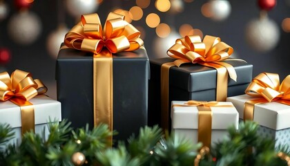 Christmas realistic gift boxes with black and golden bows