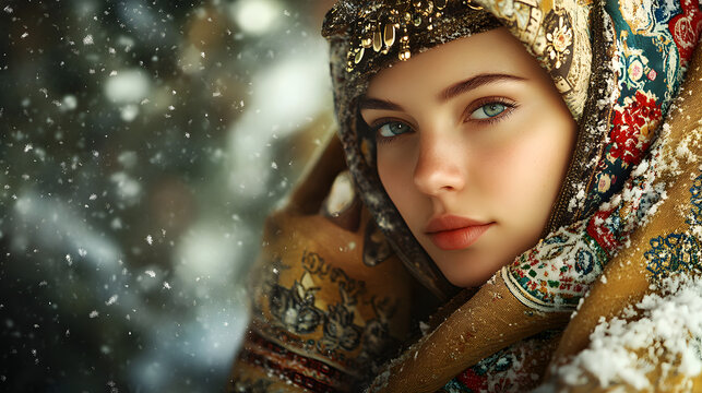 Portrait of a Russian Woman in Traditional Winter Attire with Snowflakes Falling Around