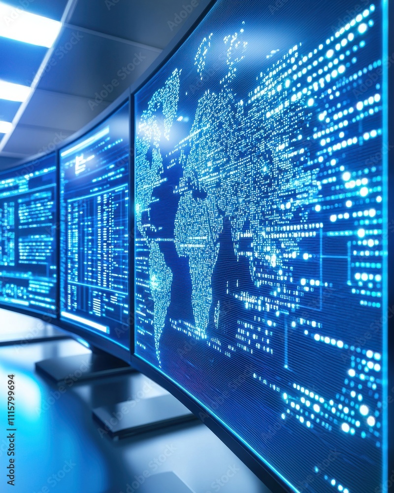 Poster advanced technology visualization with data streams and global map representation on modern digital 