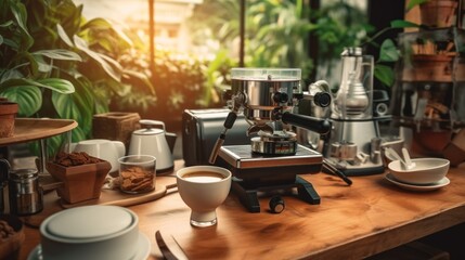 Obraz premium Espresso Machine Setup on a Wooden Countertop