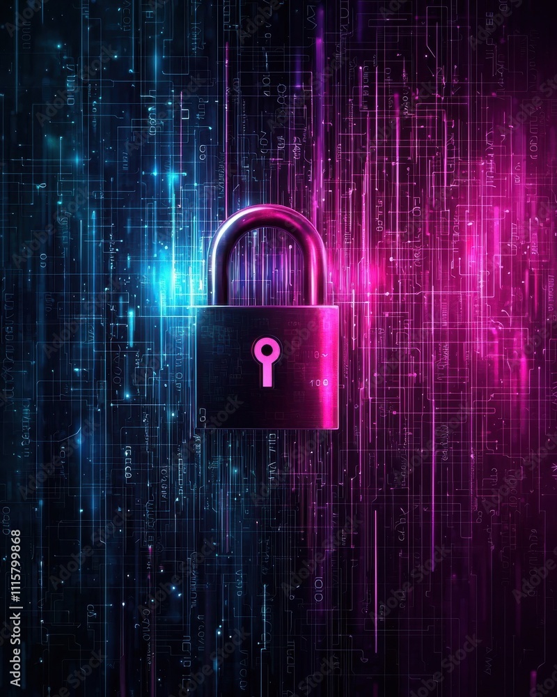 Poster digital lock against background of glowing data streams in shades of blue and purple representing cy