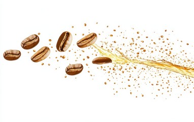 Obraz premium Flying coffee beans with a stream of liquid coffee and splashes, energetic motion, detailed textures, vibrant and isolated on white background