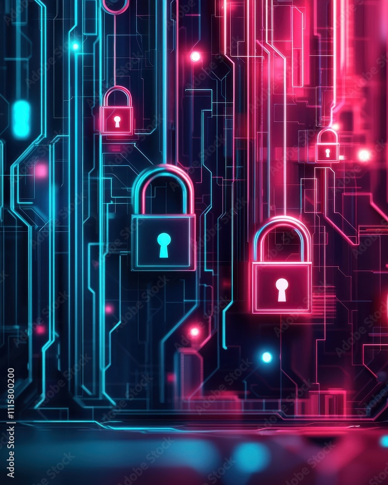 Poster futuristic digital lock concept representing cybersecurity, data protection, and technology in a col
