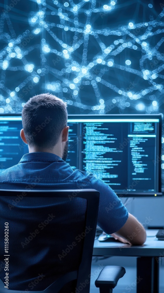 Poster focused male programmer analyzing code on dual monitors in a high-tech environment with network conn
