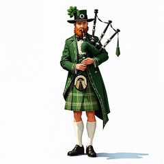 Fototapeta premium Irish pipe player dressed in traditional green outfit standing in a cheerful pose against a white background