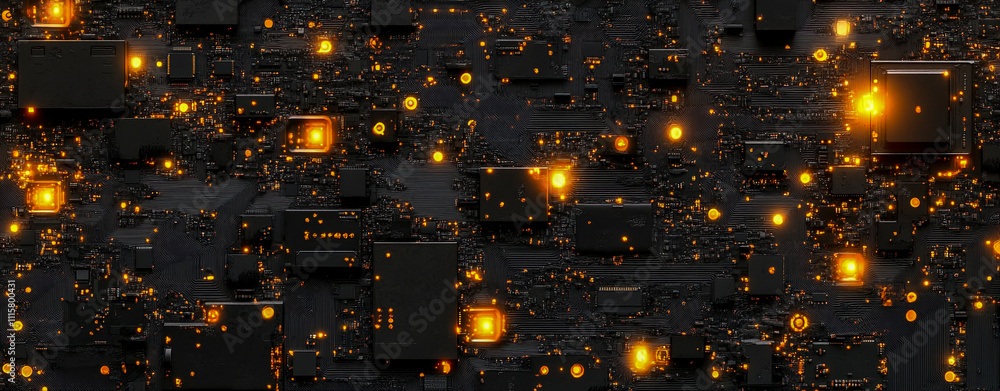 Poster abstract background with glowing data and computer chips, in black and orange colors.