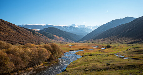 Mountains river winding through a mountainous valley with autumn shrubbery and distant snow-covered peaks under a bright blue sky.