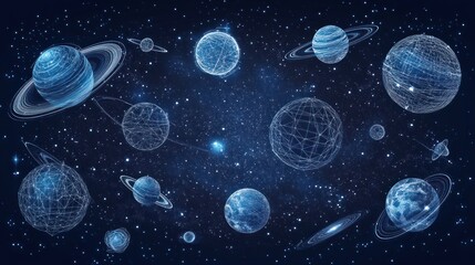 Abstract cosmic art depicting planets and stars in a dark blue nebula.