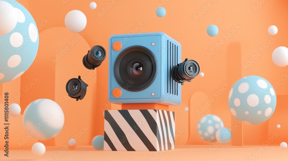 Aufkleber abstract 3d rendering of a camera with multiple lenses, floating spheres, and geometric shapes on an