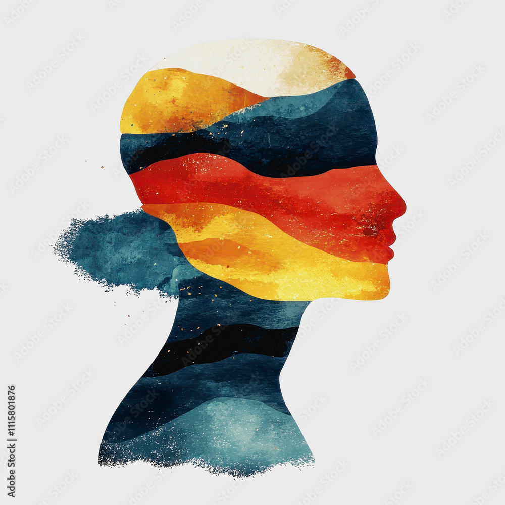 Poster abstract representation of human profile with colorful waves reflecting emotions and nature in artis