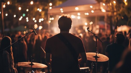 Naklejka premium A live band performing on an outdoor stage with an audience enjoying the show
