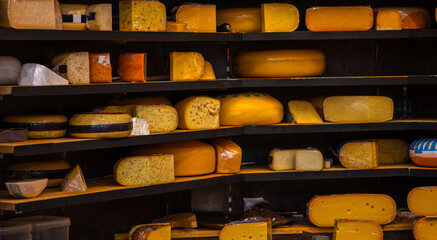 Traditional French cheese for sale on Provence market, France. Various types of cheese on rustic...