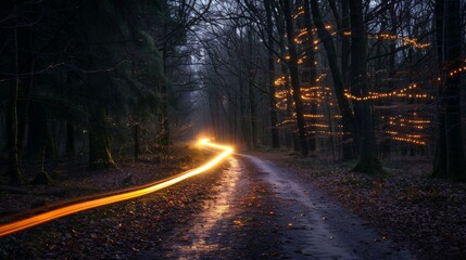 Obraz premium A secluded forest path lit up by the faint light trails of passing cars hinting at a hidden world beyond the trees.
