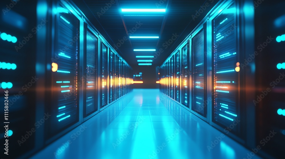 Poster a long hallway in a data center with server racks on either side, lit with blue and white lights.