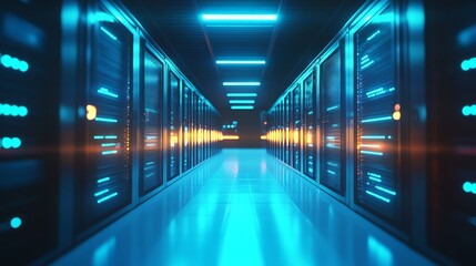 Fototapeta premium A long hallway in a data center with server racks on either side, lit with blue and white lights.