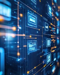 Fototapeta premium Abstract Digital Data Visualization with Glowing Blue Lines and Bright Highlights on a Dark Background Representing Modern Technology and Information Flow