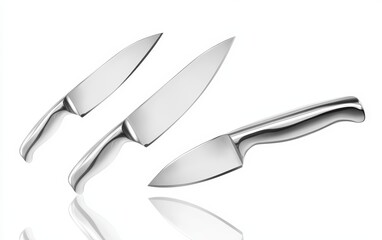 Obraz premium Flying stainless steel kitchen knives with reflections and sharp details dynamic and isolated on white background