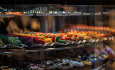 Various types of cakes in a pastry shop for sale. Close up of cake on cake stand at counter in...