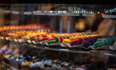 Various types of cakes in a pastry shop for sale. Close up of cake on cake stand at counter in coffee shop.