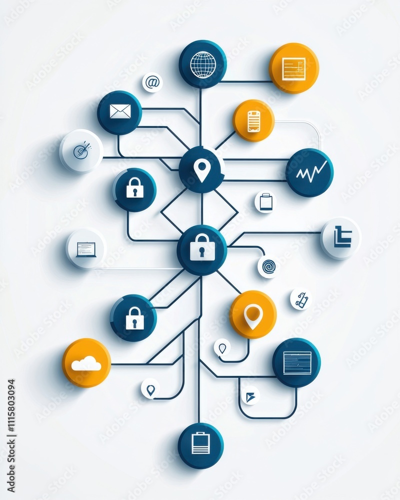 Poster modern technology network with icons representing security, communication, data, and connectivity in