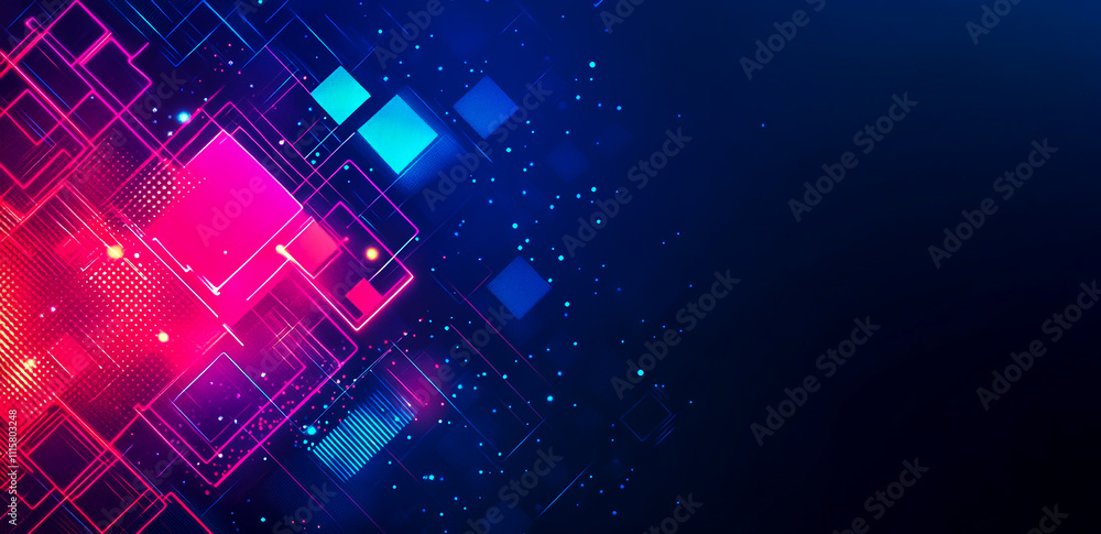 Poster abstract digital background with neon glowing lines and squares on a dark blue backdrop.