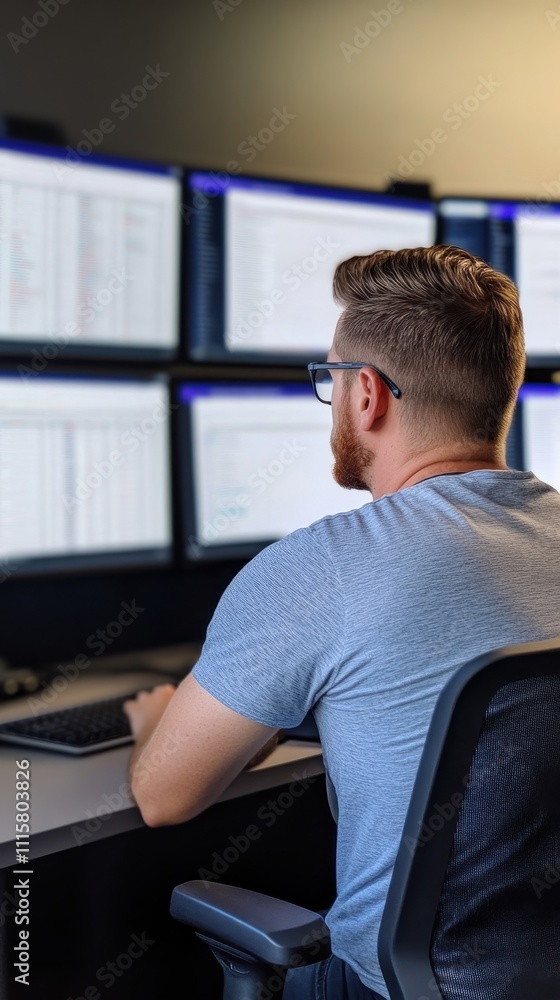 Poster young professional analyzing data on multiple computer screens in a modern office environment