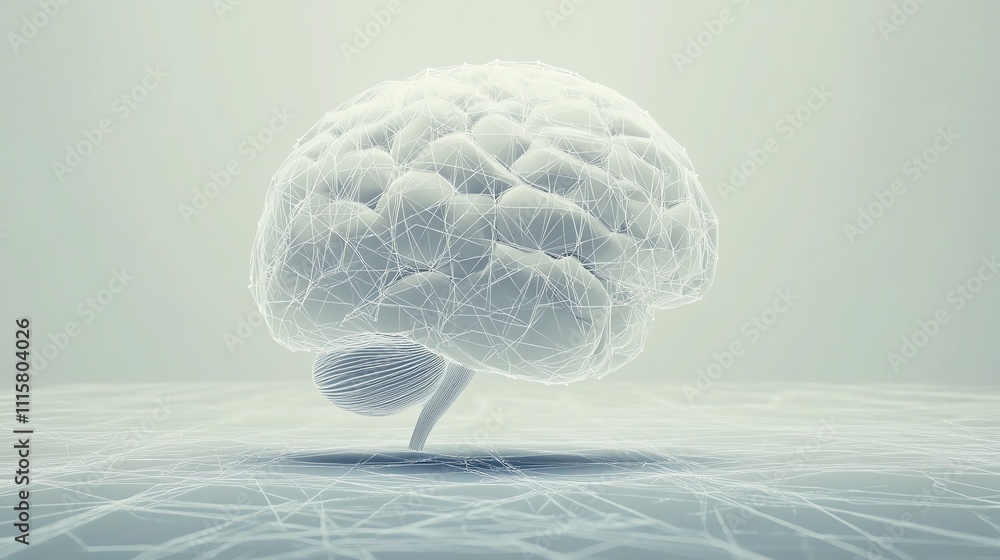 Poster a 3d rendering of a human brain, with white lines and nodes connecting various areas.