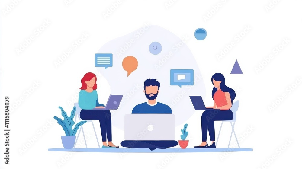 Poster group of diverse people collaborating in a bright modern workspace while using laptops and engaging 