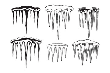 Black silhouette icicles. Frozen ice spikes border, frosty snow crystal cold winter weather elements, Vector collection.