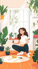 A woman tending to plants in a bright, green indoor garden.