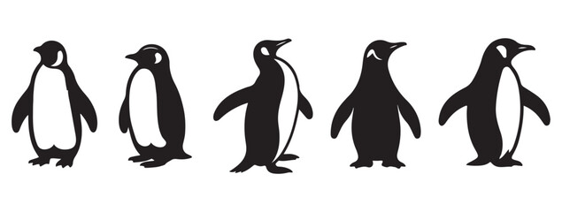 Obraz premium silhouettes of penguins in various poses, black and white minimal animal illustrations for graphic design and creative projects