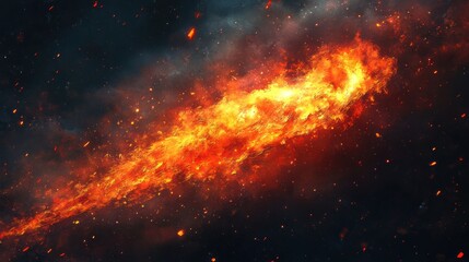 Fototapeta premium A fiery streak of flames against a dark, smoky background, with sparks and embers floating in the air.