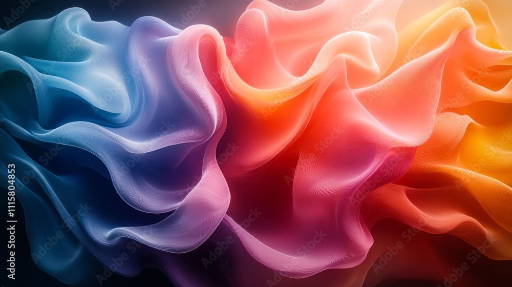 Poster abstract colorful flowing waves of fabric, digital art composition, vibrant spectrum and fluid movem