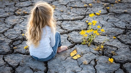 Fototapeta premium A child sitting on cracked earth surrounded by dying plants