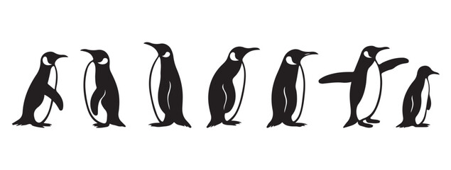 silhouettes of penguins in various poses, black and white minimal animal illustrations for graphic design and creative projects