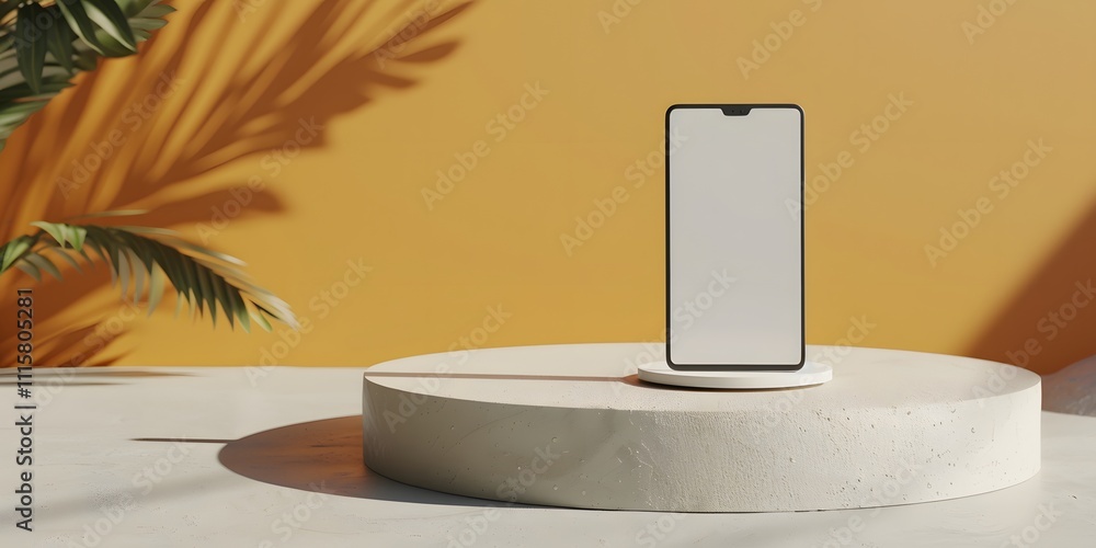 Poster cutting-edge portable device on minimalistic stand indoor setting mobile technology showcase