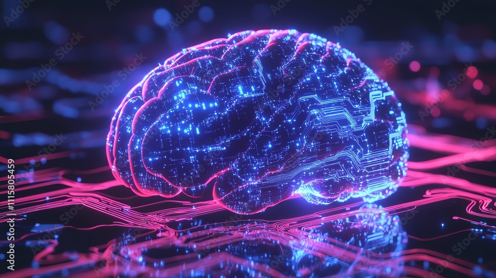 Poster a 3d model of a human brain with glowing neurons and a circuit board pattern.