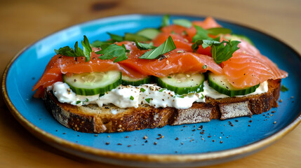 An appetizing arrangement of dark bread toast topped with salmon, creamy cheese, fresh cucumber.