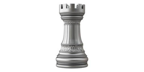 Silver metallic chess rook piece isolated on transparent background