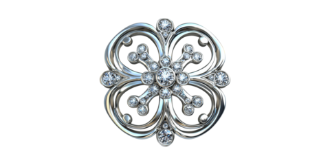 Ornate silver and diamond brooch isolated on transparent background