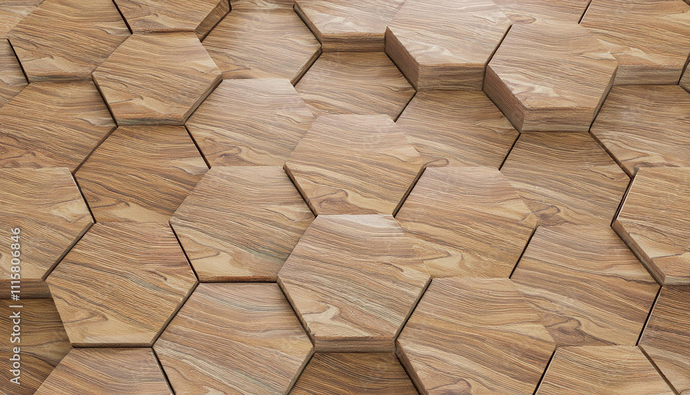 Poster wooden hexagon pattern background. 3d render of geometric shapes.