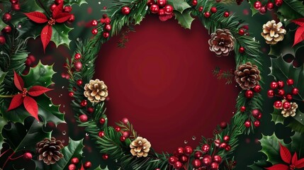 A festive Christmas wreath adorned with holly and berries, perfect for holiday decoration and seasonal celebrations, featuring a green design with pine branches and a decorative bow