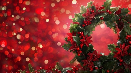 Red Christmas tree decorated with lights set against a festive red background, featuring holly, berries, and ornaments, capturing the joyful spirit of the holiday season
